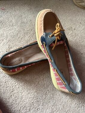 Sperry Red Patterned Canvas & Blue Trim Boat Shoes with Tan Toe